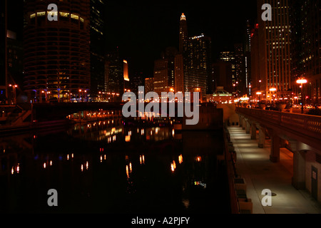 Chicago skyline and Chicago river at night  October 2006 Stock Photo