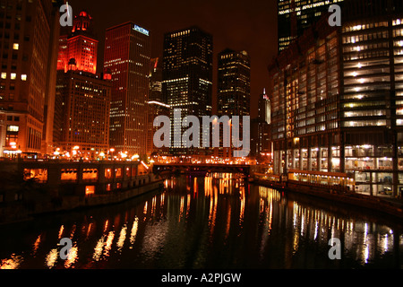 Chicago skyline from Michigan Avenue bridge at night  October 2006 Stock Photo