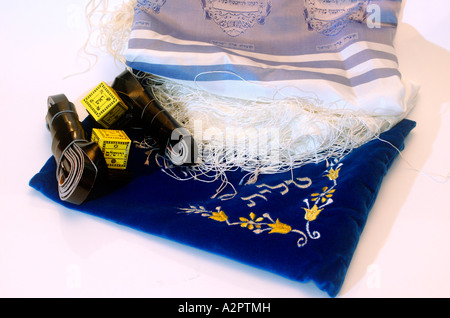 Tifillin Tallit and elaborated decorated tfillin bag Stock Photo