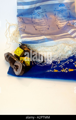 Tifillin Tallit and elaborated decorated tfillin bag Stock Photo