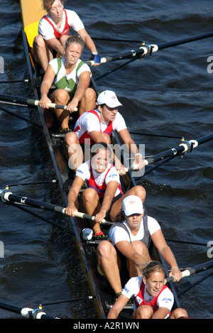 Female junior rowing team rowing ahead during a boat race on the River Vltava in Prague, Czech Republic, on September 24, 2006 Stock Photo