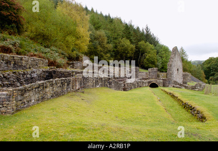 Remains of 19th century Bryntail Lead Mine below dam of Clywedog reservoir Powys Mid Wales UK Stock Photo