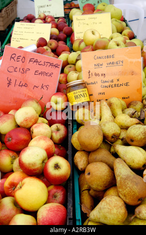 Selection of apples and pears on sale at farmers market Cowbridge Food Festival Vale of Glamorgan South Wales UK Stock Photo