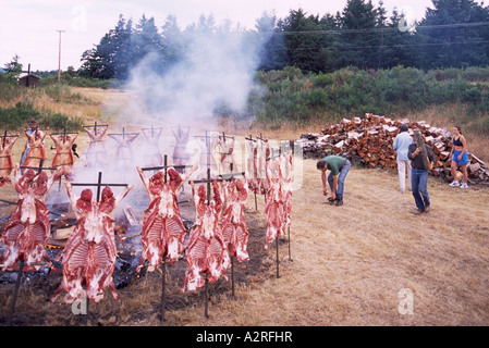Saturna Island Lamb Barbecue, Southern Gulf Islands, BC, British Columbia, Canada - Annual Summer Barbeque around Open Fire Pit Stock Photo