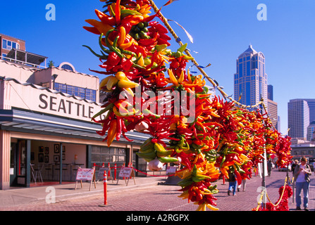 Pike Place Market, Seattle, Washington State, USA - Hot Peppers hanging on Display for Sale Stock Photo