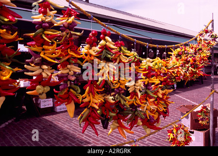 Pike Place Market, Seattle, Washington State, USA - Hot Peppers hanging on Display for Sale Stock Photo