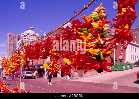 Pike Place Market, Seattle, Washington State, USA - Hot Peppers hanging on Display for Sale Stock Photo