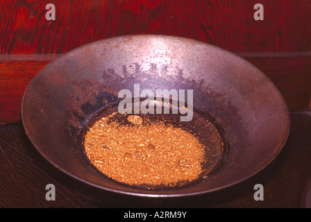 Placer Gold Nuggets and Flakes displayed in a Gold Pan, Yukon Territory, Canada - Klondike Gold Rush Stock Photo