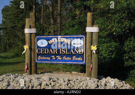 North Carolina Cedar Island welcome sign departure point for ferry to Ocracoke on Outer Banks and Cape Hatteras Stock Photo