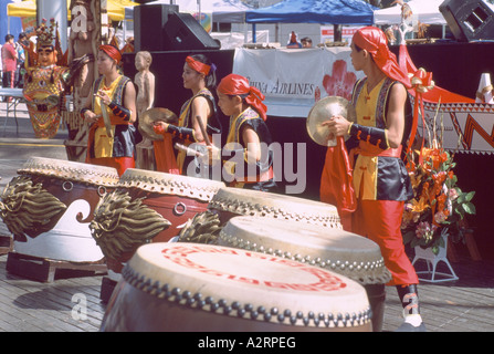 Taiko Drummers from Taiwan drumming on Taiko / Wadaiko Drums at Taiwanese Cultural Festival, Vancouver, British Columbia, Canada Stock Photo