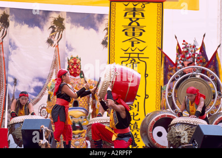 Taiko Drummers from Taiwan drumming on Taiko / Wadaiko Drums at Taiwanese Cultural Festival, Vancouver, British Columbia, Canada Stock Photo