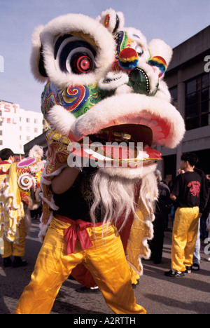 Chinese New Year Lion Dance (aka Dragon Dance) at Parade and Celebration - Chinatown, Vancouver, BC, British Columbia, Canada Stock Photo
