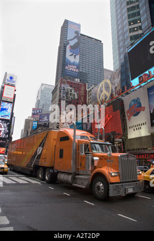 American truck in front of the Bertelsmann Building Times Square New York City USA Stock Photo