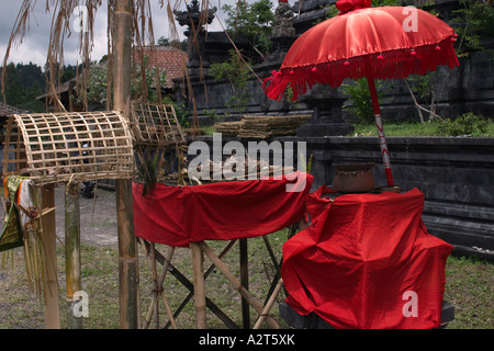 decorated liturgic table with dedications for rituals at Besakih temple Bali Stock Photo
