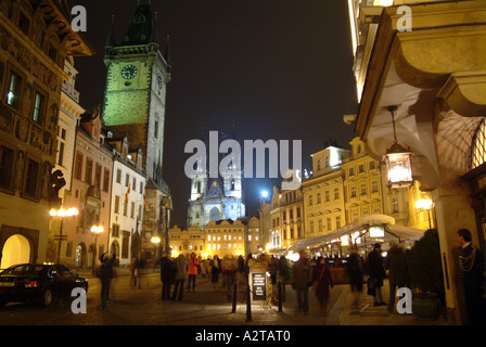 St John of Nepomuk Church floodlit at night in Old Town Square Plaza, Central Prague Stock Photo