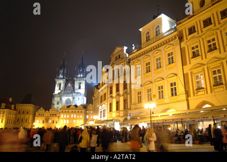 St John of Nepomuk Church floodlit at night in Old Town Square Plaza, Central Prague Stock Photo