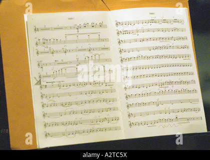 Sheet music/notation for the late Italian film composer Ennio Morricone (1928-2020) in concert, Hammersmith Apollo, London, UK. December 2006. Stock Photo