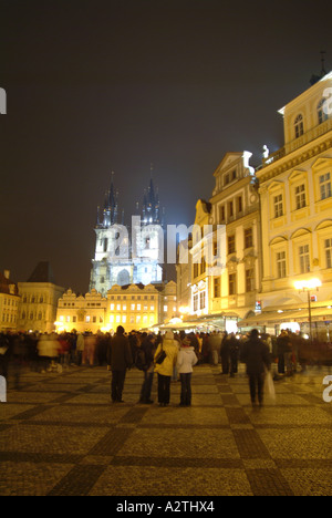 St John of Nepomuk Church floodlit at night in Old Town Square Plaza, Central Prague Stock Photo