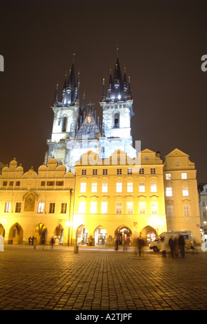 St John of Nepomuk Church floodlit at night in Old Town Square Plaza, Central Prague Stock Photo