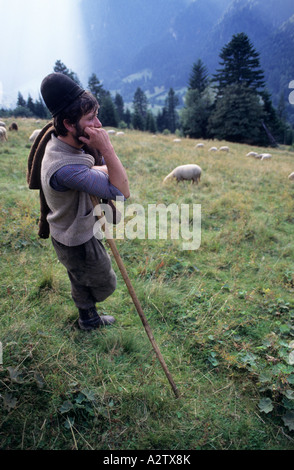 Romanian shepherd watching over a flock of sheep Transylvania Romania Stock Photo