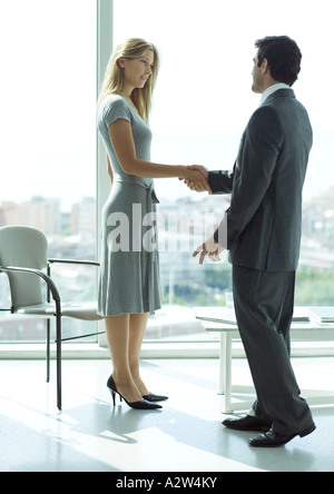 Businessman shaking hands with woman in lobby Stock Photo