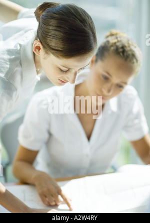 Two female professionals looking at blueprints together Stock Photo