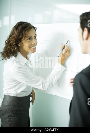 Female architect pointing to blueprints with pen, smiling at client Stock Photo