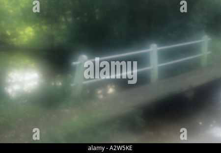 Atmospheric wooden footbridge and white painted metal railings across a ford with trees in shadow and dappled light Stock Photo