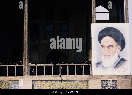 iran The portrait Imam Khomeini on the Royal Palace of Ali Qapu in Maidan square Esfahan 1993 Stock Photo
