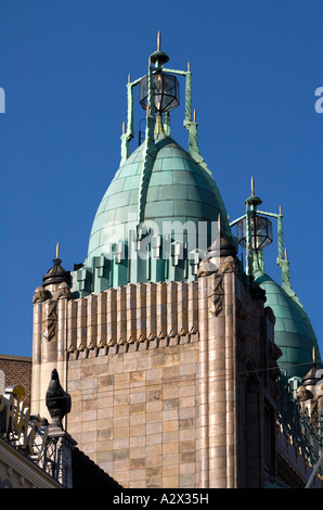 Roofing detail with trurrets of the Tuschinski Art Deco Cinema in Amsterdam Stock Photo