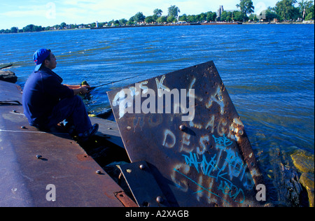 Man fishing in the St . Lawrence river Montreal, Canada Stock Photo