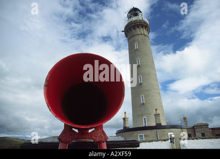 Foghorn and lighthouse at Arnamurchan Point most westerly part of UK mainland Stock Photo