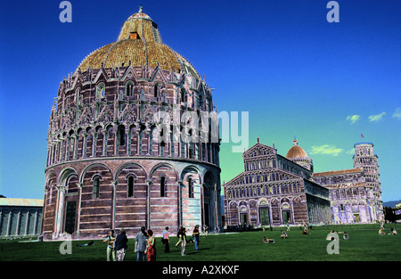 Piazza/Campo dei Miracoli comprising of cathedral, baptistry, leaning tower and cemetery, Pisa, Italy - solarised Stock Photo