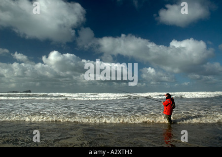 Surf Fishing for Bass Llangennith Beach Gower Peninsula South Wales Stock Photo