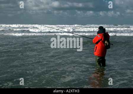 Surf Fishing for Bass Llangennith Beach Gower Peninsula South Wales Stock Photo