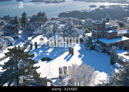 Larnach Castle and snow Otago Peninsula Dunedin South Island New Zealand aerial Stock Photo