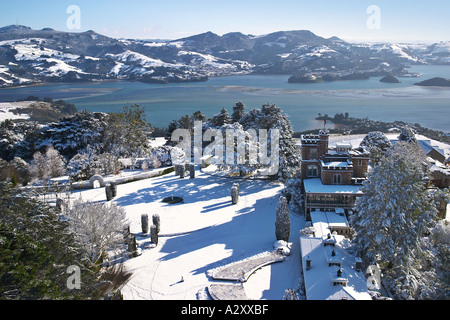 Larnach Castle and snow Otago Peninsula Dunedin South Island New Zealand aerial Stock Photo