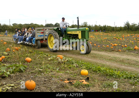 Families ride on a hay wagon in a pumpkin patch during autumn time for fun and pleasure Stock Photo