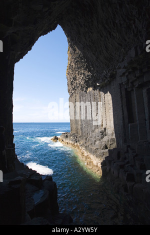 Inside Fingals Fingal' s Cave on the Isle of Staffa looking out to the cliffs made of basalt columns Strathclyde Argyll Scotland