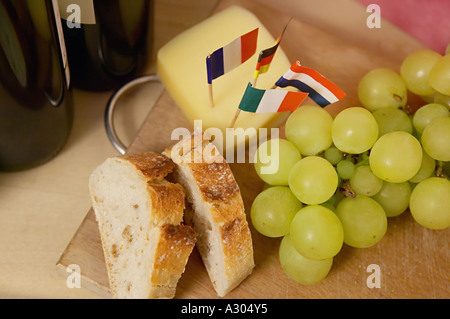 Bread,cheese,and grapes Stock Photo