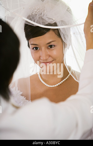 Groom lifting bridal veil Stock Photo