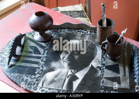 African tray with a photograph of Nelson Mandela Stock Photo