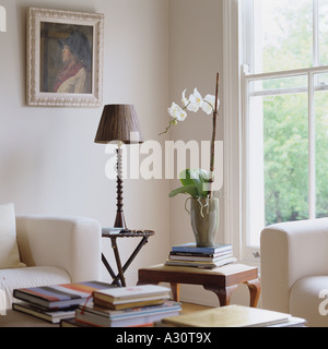 Corner of a room with an orchid on a side table Stock Photo