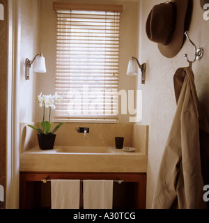 view of limestone hand basin in a cloakroom of a contemporary interior in London Stock Photo