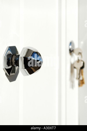 Front door keys in door next to door knob. Picture by Patrick Steel patricksteel buy buyers largest purchase possession Stock Photo