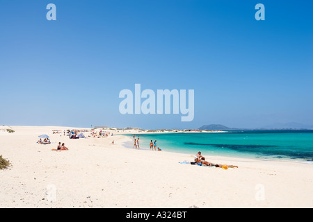 Beach and Sand Dunes with Riu Hotels in distance, Parque Natural de Corralejo, Fuerteventura, Canary Islands, Spain Stock Photo