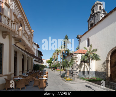 Restaurant and Church, Puerto de la Cruz, Tenerife, Canary Islands, Spain Stock Photo