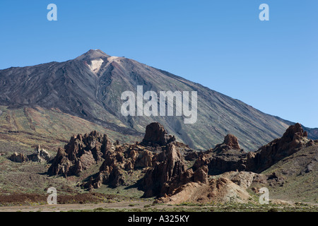 Mount Teide above a typical landscape, Las Canadas del Teide, Tenerife, Canary Islands, Spain Stock Photo