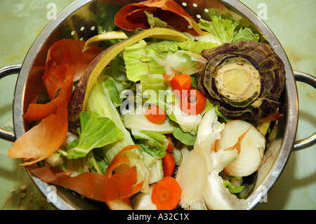 Vegetable peelings saved in a colander before placing in a compost bin for recycling Stock Photo