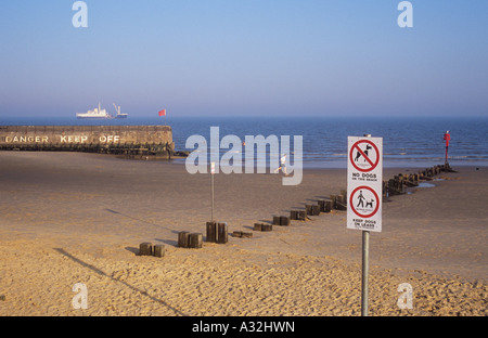 Summer evening seaside scene with sandy beach stone jetty merchant ship swimmers man jogging and Danger and No dogs sign Stock Photo